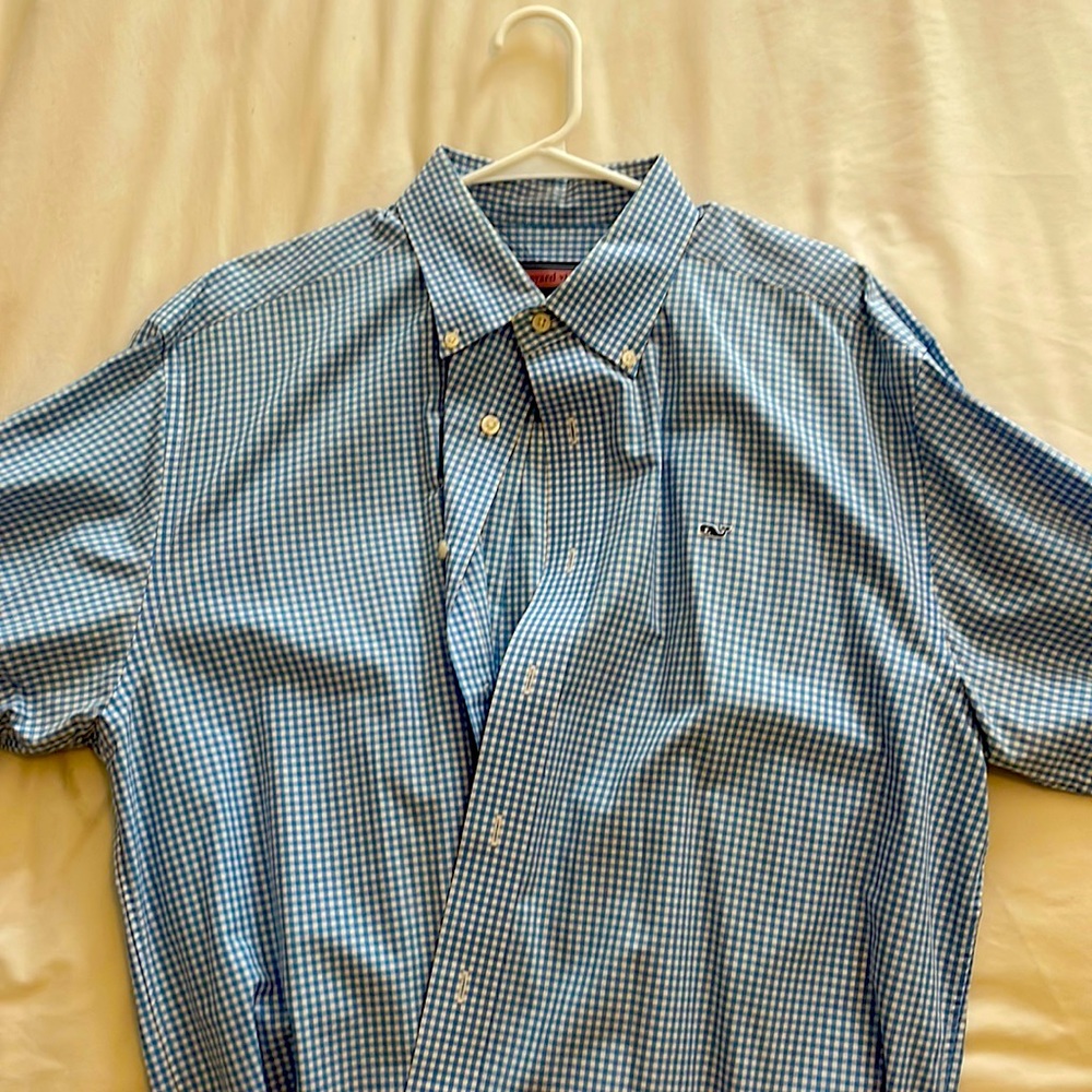 Large light blue vineyard vines dress shirt. Always dry cleaned.